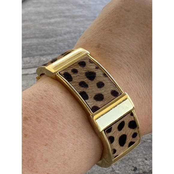 J. Crew Bracelet Cuff Clamp Animal Leopard Print Fur Gold Tone - Picture 1 of 12